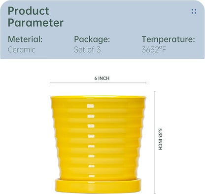 Ton Sin Plant Pots, 6 Inch Flower Pots for Plants,Ceramic Planter with Drainage Holes,Indoor Planter Pots with Saucer,Outdoor Garden Pots (Yellow, 4 Pack)
