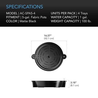 AC Infinity 5-Gallon Fabric Pots & Self-Watering Bases Bundle – 5 Grow Bags with 4 Auto-Irrigation Saucers for Indoor Tents, Greenhouses, Outdoor Gardens, Fruits & Vegetables