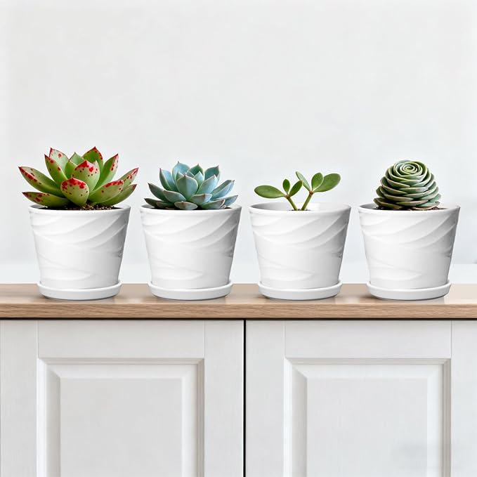 5 Inch Plant Pots,Ceramic Planter with Drainage and Saucer,Ceramic Pots for Plants,Planters for Indoor Plants,Ceramic Flower Pots(5.5 in Diameter,4 Pack)