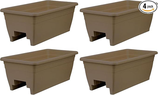 The HC Companies 24 Inch Wide Heavy Duty Plastic Deck Rail Mounted Garden Flower Planter Boxes with Removable Drainage Plugs, 4 Pack, Chocolate