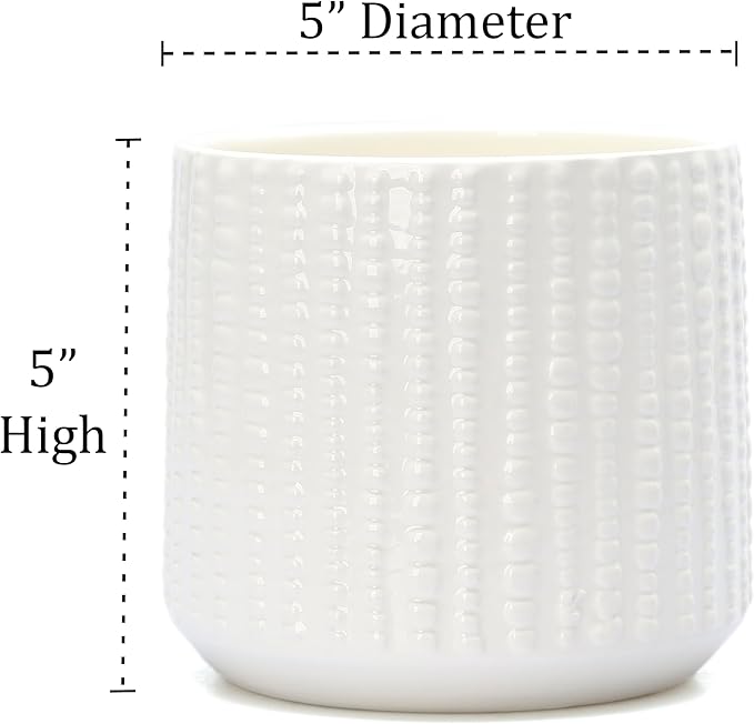 Arktiva Ceramic Planter Pot with Drainage Hole, 5 Inch Dia, Indoor and Outdoor, Home Patio Garden, Plants Flower Succulent, Textured Round (White)