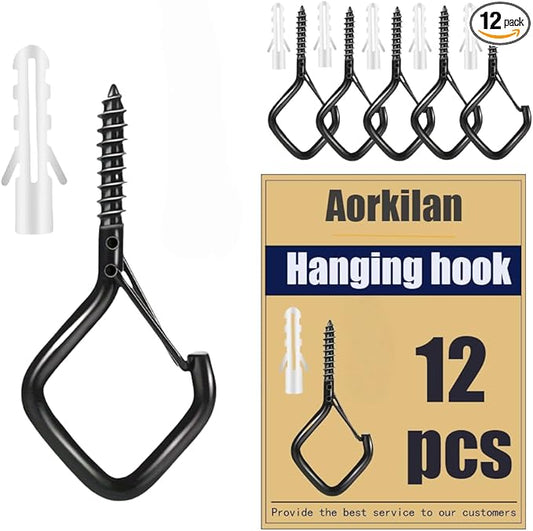 12-Pack Heavy-Duty Black Screw Eye Hooks with Safety Clips | Metal Ceiling Hooks for Hanging Plants, Wind Chimes, Bird Feeders & Indoor/Outdoor Lights