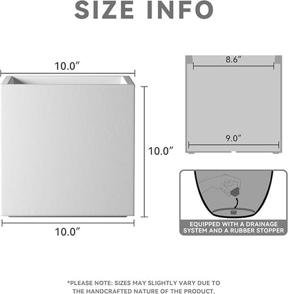 Kante 10 Inch Square Concrete Planter for Outdoor Indoor Home Patio Garden, Large Plant Pot with Drainage Hole and Rubber Plug, Pure White