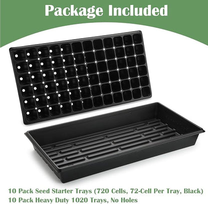 10 Pack 1020 Trays No Holes and 10 Pack 72 Cell Seed Starter Tray, 20" x 10" - Heavy Duty Reusable Plastic Seed Starter Kit for Microgreens, Seed Germination & Plant Propagation (10 Sets)