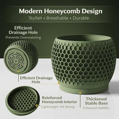 Plant Pots, Modern 3D Printed Honeycomb Planters for Indoor Plants, 4.7 Inch Military Green Decorative Flower Pot for Office Desktop, Bookshelf & Home Decor, Lightweight & Durable.
