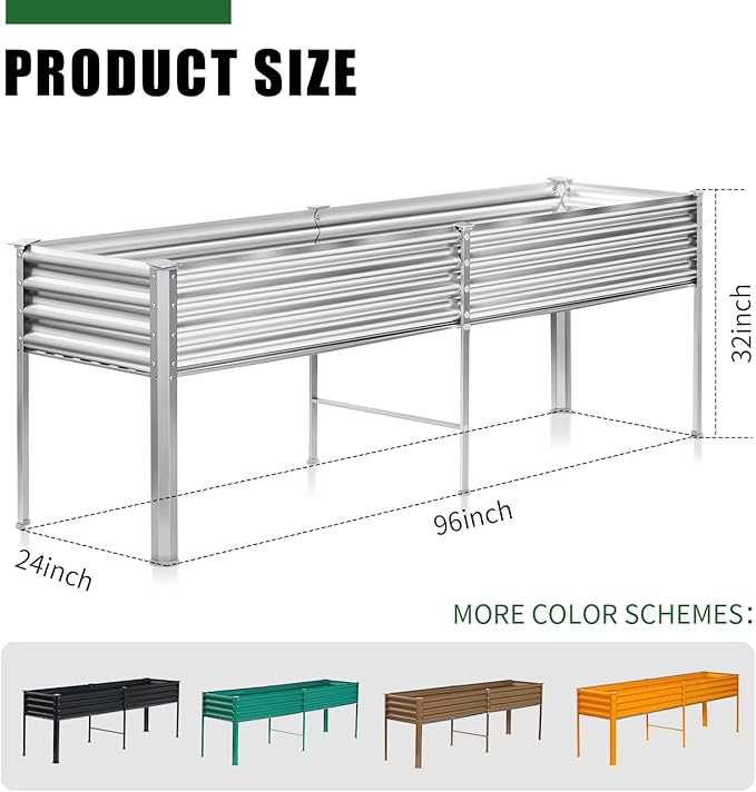 Land Guard Galvanized Raised Garden Bed with Legs, 96×24×32in Raised Garden Beds Outdoor with Drainage Holes, Planter Boxes Outdoor for Backyard, Patio, Balcony, 1200lb Capacity, Silver