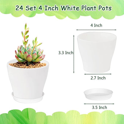 24 Set 4 Inch White Plant Nursery Pots,Plastic Planters Succulent Container with Trays and Drainage Holes for Indoor Outdoor Small Plants,Herbs,Seeds