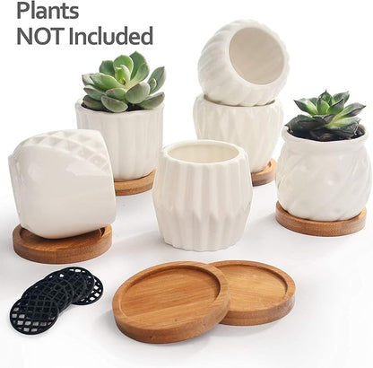 B SEPOR Set of 6 White Simple Porcelain Planters for Small Plant Pots Baby Succulent Cactus with Drainage and Saucer for Home Office Decoration Gift(White Stripes)