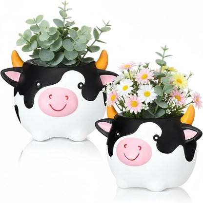Sieral 2 Pcs Lovely Cow Succulent Pots with Drainage Cute Animal Plaster Planter Pots Plants Holder Cow Shaped Cactus Flower Container for Home Display and Office Desk Decoration