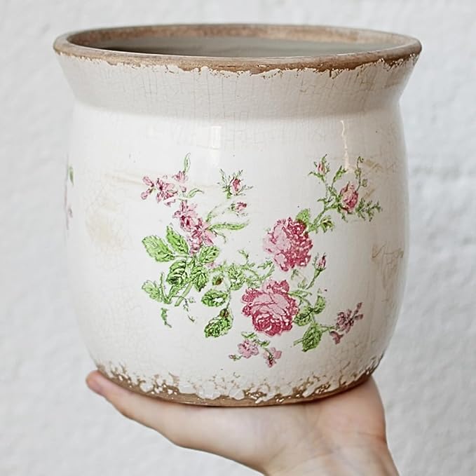 Cottage Ceramic Pots for Plants, 6.21 Inch Vintage Shabby Chic Planters for Indoor Plants, French Country Spring Balcony & House Decor, Pink Floral Vases for Centerpieces, Gardening Gifts