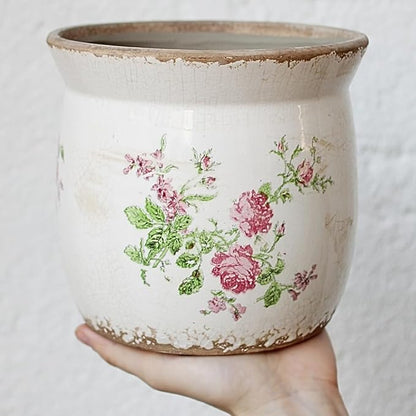 Cottage Ceramic Pots for Plants, 6.21 Inch Vintage Shabby Chic Planters for Indoor Plants, French Country Spring Balcony & House Decor, Pink Floral Vases for Centerpieces, Gardening Gifts
