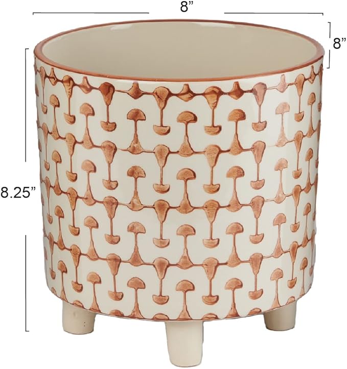Creative Co-Op Footed Stoneware Planter with Abstract Print, Rust and White