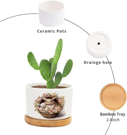 Watercolor Easter Basket Bunny Ceramic Flower Pots,Gardening Plant Pot with Drainage Holes And Saucers Round Ceramic Pots for Indoor Plants Succulent Herbs Cactus Pots for Dad Papa Grandpa