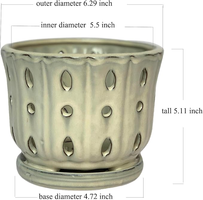 Ceramic Orchid Pot with Attached Saucer and Drainage Hole 6'' Orchid Planter (Cream)