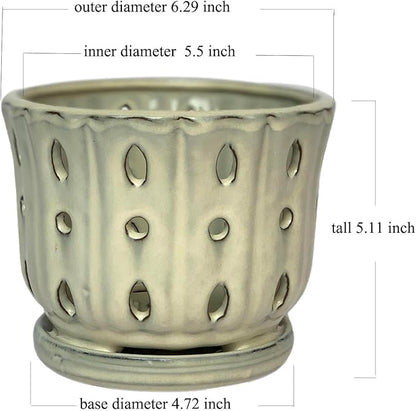 Ceramic Orchid Pot with Attached Saucer and Drainage Hole 6'' Orchid Planter (Cream)