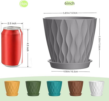 6 Inch Plant Pots, 6 Pack Indoor Flower Pots, Planters with Drainage Holes and Trays for Orchids, Violets, Succulents, Herbs, and Other Plants,Corolful