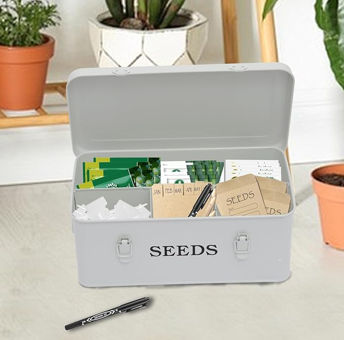 4 Dividers Seed Storage Box, Metal Seed Box Seed Storage Organizer with Safety Lock, Portable Garden Seed Bin, Professional All-in-one Kit, White