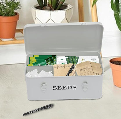 4 Dividers Seed Storage Box, Metal Seed Box Seed Storage Organizer with Safety Lock, Portable Garden Seed Bin, Professional All-in-one Kit, White