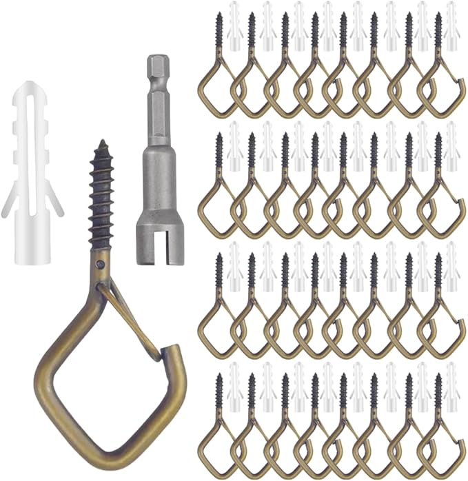 32-Pack Heavy-Duty Bronze Screw Eye Hooks with Safety Clips | Metal Ceiling Hooks for Hanging Plants, Wind Chimes, Bird Feeders & Indoor/Outdoor Lights
