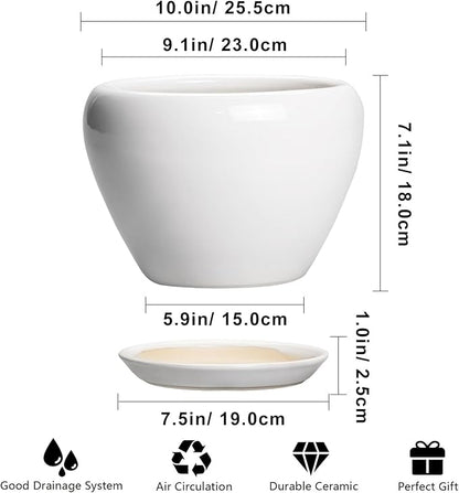 Ceramic Pot for Plants - 10 Inch Planter with Drainage Hole and Saucer, Glaze Modern Round Flower Pot for Indoor Plants, Housewarming Gift, Home Decor, White