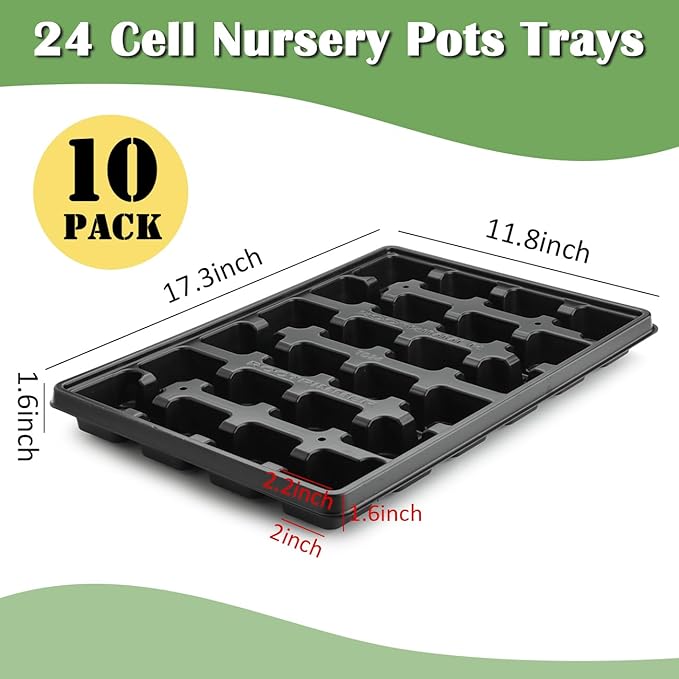 24 Cell Nursery Pots Trays 10 Pack (17"x11"x1.6"), Reusable Plastic Plant Pot Tray with Drain Holes, Carrying Seed Starter Tray for Holding 3 inch Square Nursery Pots (Black)