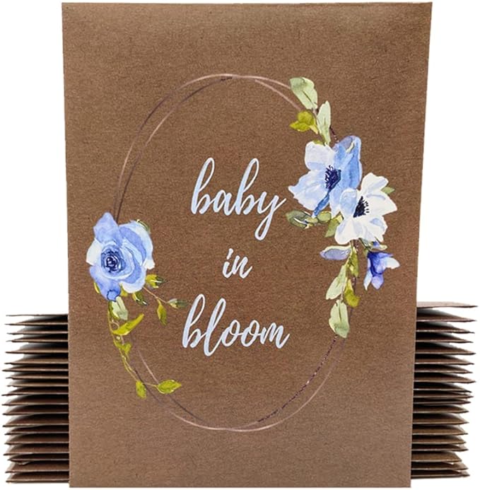Digital Voyager Baby Shower Party Favors for Guests - Baby in Bloom Seed Packets - Blue Floral Accents and Greenery - Dark Brown - Already Filled - Pack of 20