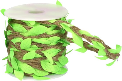 Natural Jute Twine with Green Leaf Ribbon – 33ft Decorative Vine Rope for Gardening, Plant Hanging, Crafts, Gift Wrapping, and DIY Projects (Jute Twine + Light Green)