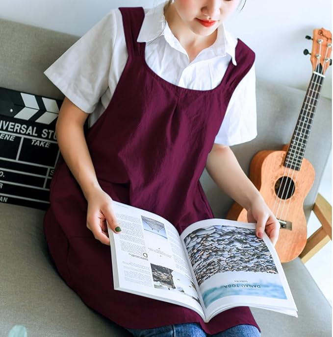 NEWGEM Japanese Linen Cross Back Cooking Aprons for Women Men with Pockets Cute for Baking Kitchen