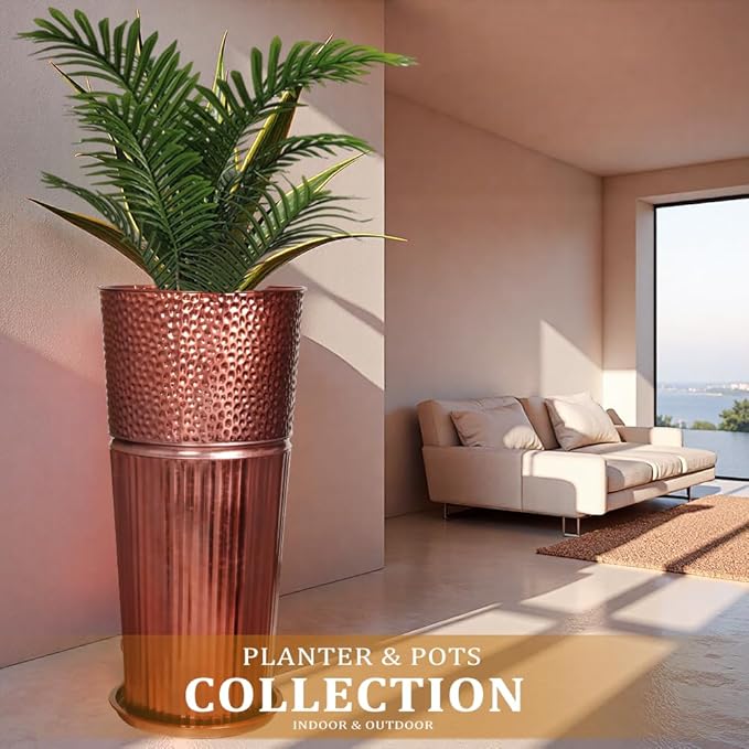 2 Pcs Pack Metal Tall Tapered Planter Pots Large Round Planter Flower Pot with Drainage Holes for Indoor Outdoor Deck Porch Garden Home Patio Front Door (Glossy Copper, Medium)