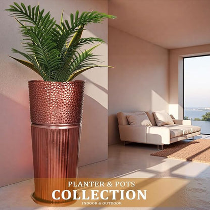 2 Pcs Pack Metal Tall Tapered Planter Pots Large Round Planter Flower Pot with Drainage Holes for Indoor Outdoor Deck Porch Garden Home Patio Front Door (Glossy Copper, Medium)