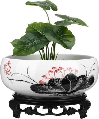 HANABASS Ceramic Lotus Bowl, Water Lily Bowl, Hydroponic Flower Planter Pot Round Ceramic Indoor Pot with Plastic Holder for Plants Modern Decorative Container for Home Office and Garden