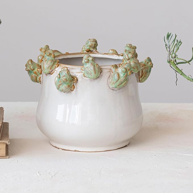 Creative Co-Op Stoneware Planter with Frogs on Rim and Reactive Glaze, Green and White