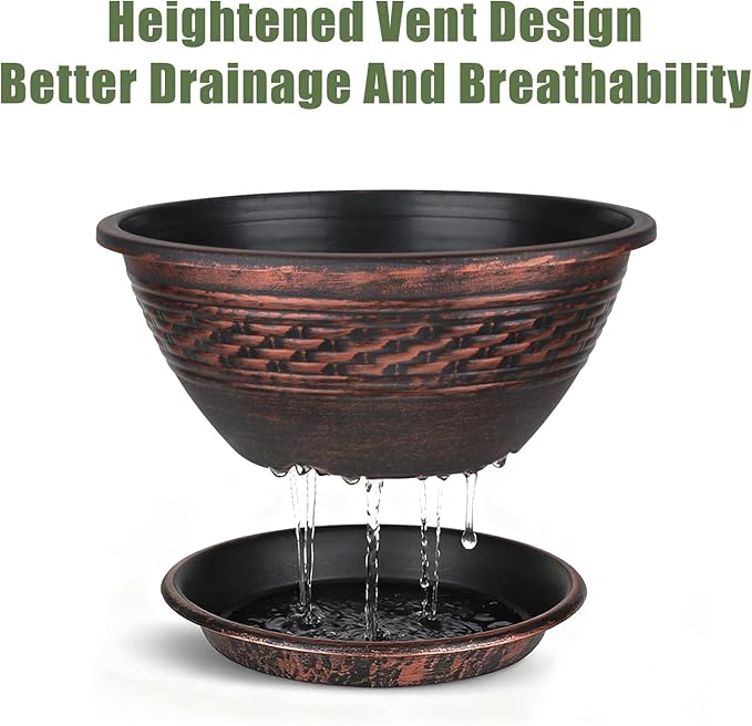 NIKONIKO 12 Inch Plant Pots, 6-Pack Plastic Woven Look Ripples Planters with Drain Holes & Trays, Retro Design Flower Pots for Indoor and Outdoor Plants