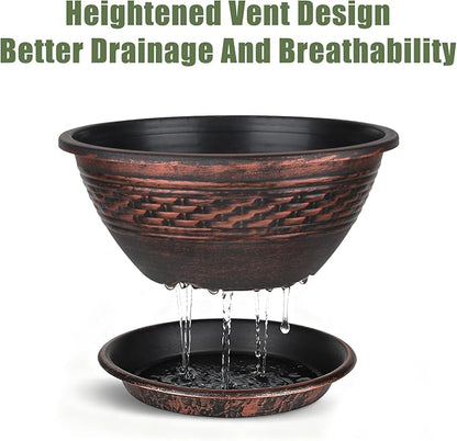 NIKONIKO 12 Inch Plant Pots, 6-Pack Plastic Woven Look Ripples Planters with Drain Holes & Trays, Retro Design Flower Pots for Indoor and Outdoor Plants