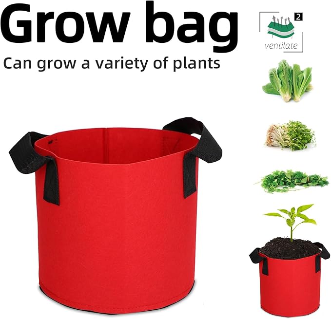 Grow Bags,Growing Pot Bags Garden Grow Bag Indoor Outdoor Fabric Aeration Plant Pot Container Flower Vegetable Pouch (Red,2 Gallon)
