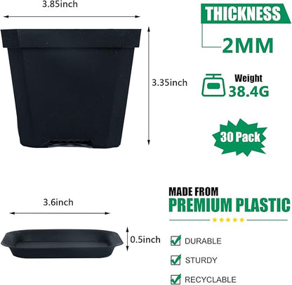 foxany 4" Plastic Nursery Pot, 30 Pcs Thick Plastic Square Planting Pots, Plant Seedling Pots, Seed Starting Pots - Black