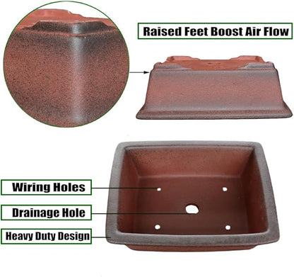 MUZHI Decorative Ceramic Bonsai Planter Pot 8.5 Inch with Tray, Breathable Unglazed Rectangle Terracotta Clay Pot for Tree Succulent Cactus Indoor Outdoor Red Brown