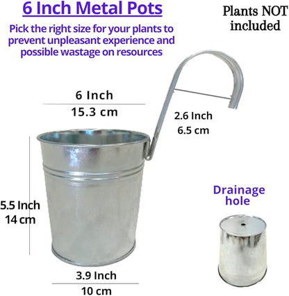 LaLaGreen Fence Planters for Outdoor Plants (10 Pack, 6 Inch) Railing Planter Metal Herb Garden Pots Outdoor, Hanging Silver Flower Buckets for Outside Wall Deck Patio Balcony Rail Farmhouse Rustic