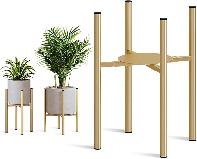Plant Stand Indoor for 2 Height Options ,Mid Century Modern Outdoor Planter Holder,Corner Plant Stand Capacity of 160LB for 8 to 14 Inch Pots Golden with Round Plate