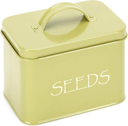 Katai Steel Seed Storage Box Organiser in Green. Compact Seed Packet Container with Lid Complete with Monthly Dividers, 20 Envelopes and Pencil