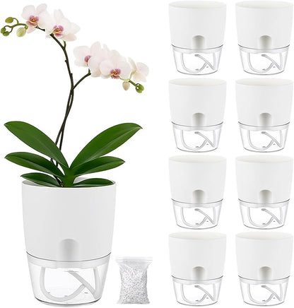 Planterhoma 8 Pack Self Watering Pots for Indoor Plants, 6 Inch Plant Pot Plastic Self Watering Planter for Orchid, African Violet, Small Clear Flower Pots with Drainage Holes and Wicking Rope, White