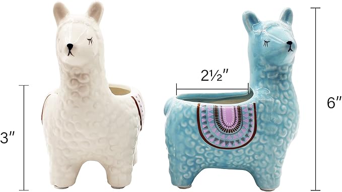 Alpaca Succulent Pots, 2 Pc. Set Animal Planter, Decorative Ceramic Planters for Indoor Home Decor Living Room Kitchen or Outdoor Garden, White and Turquoise