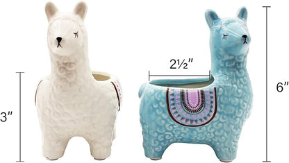Alpaca Succulent Pots, 2 Pc. Set Animal Planter, Decorative Ceramic Planters for Indoor Home Decor Living Room Kitchen or Outdoor Garden, White and Turquoise