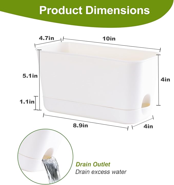 Self Watering Planters: 4 Packs Rectangular Plant Pots with with Drainage and Tray, 10 Inch Window Pot Self Watering Planter for Herb, Houseplants