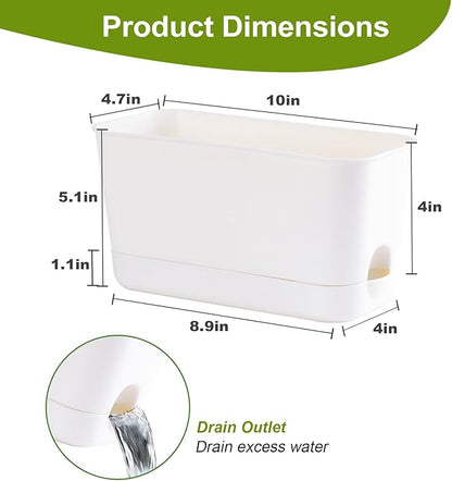 Self Watering Planters: 2 Packs Rectangular Plant Pots with with Drainage and Tray, 10 Inch Window Pot Self Watering Planter for Herb, Houseplants