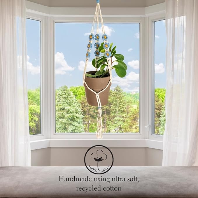 Macrame plant hanger with Daisies | Hanging plant holder | Macrame Plant hangers outdoor and indoor hanging planters Plant stand indoor Boho Decor hanging planter stand/plant shelf (Cloudy Day)