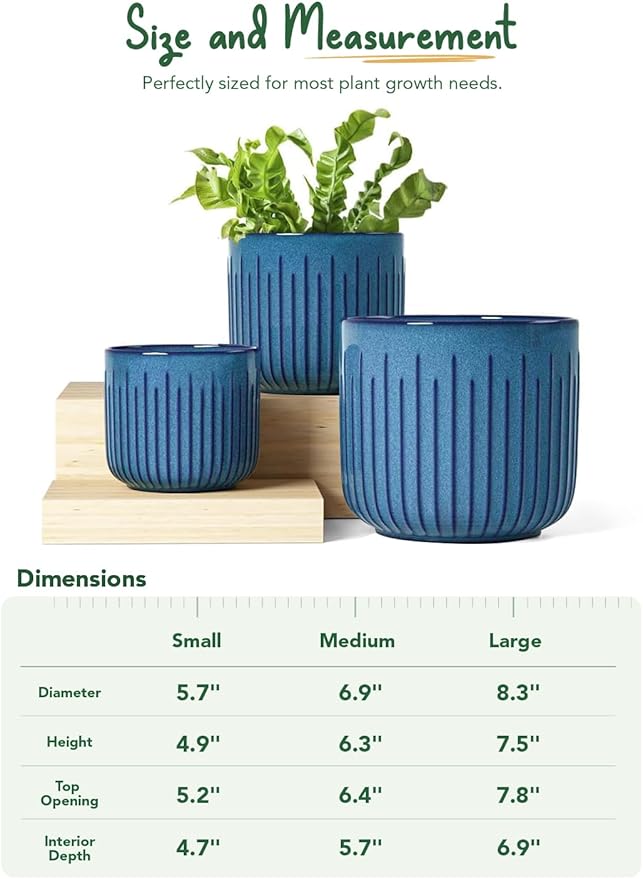LE TAUCI Fluted Ceramic Plant Pots, 8.3/7/6 Inch Indoor Planters with Drainage Holes & Mesh, Modern Glossy Glaze Cylinder Flower Pot for Snake Plant, Set of 3, Harbor Blue
