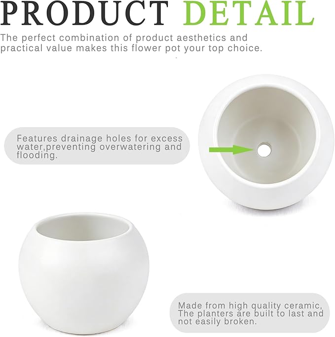 White Spherical Ceramic Planter Succulent Small Plant Pots Indoor Modern Round Decorative Indoor-Outdoor Garden Plant Pots with Drainage Holes - Plants Not Included 3.94 x 3.94 x 3.15 Inch