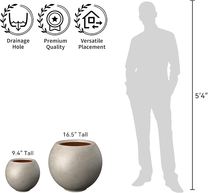 Kante Round Concrete Flower Pot, 19.3 Inch Dia (14" Opening) Sphere Shape Design Planter with Drainage Hole and Rubber Plug for Outdoor Plants, Weathered Concrete Finish with Painted Interior