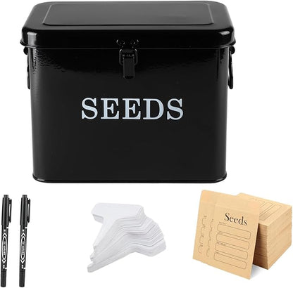 3 Dividers Seed Storage Box, Metal Seed Box Seed Storage Organizer with Safety Lock, Portable Garden Seed Bin, Professional All-in-one Kit, Black